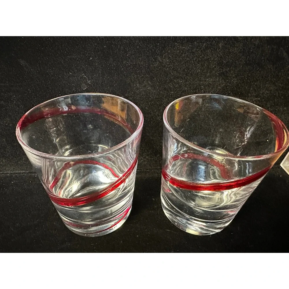 Set of 2 Hand Blown Clear Glass Tumblers with Red Swirl Ribbon Design Barware
